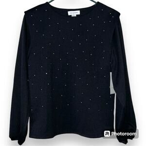 CALLIGRAPHIE womens size XS womens black pullover blouse rhinestones longsleeve